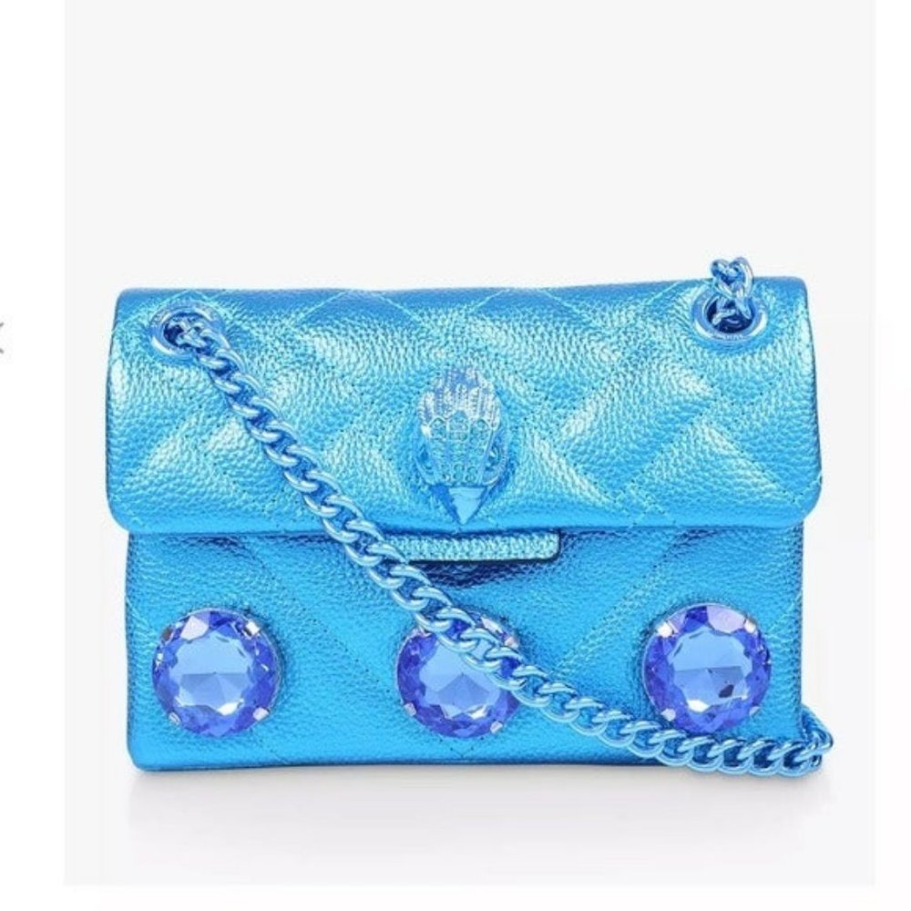 Kurt Geiger Mini Kensington Drench Gem Bag Quilted Leather Metallic Blue NWT